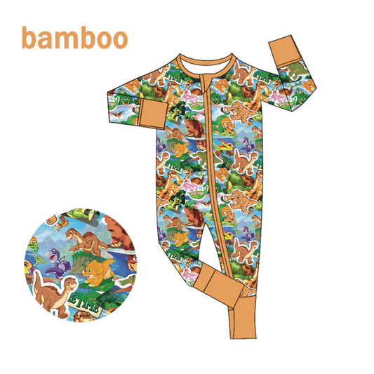 Custom MOQ 5 Cartoon Dino Print Baby Girls Long Sleeve Bamboo Sleeper Zipper RomperD 6.18