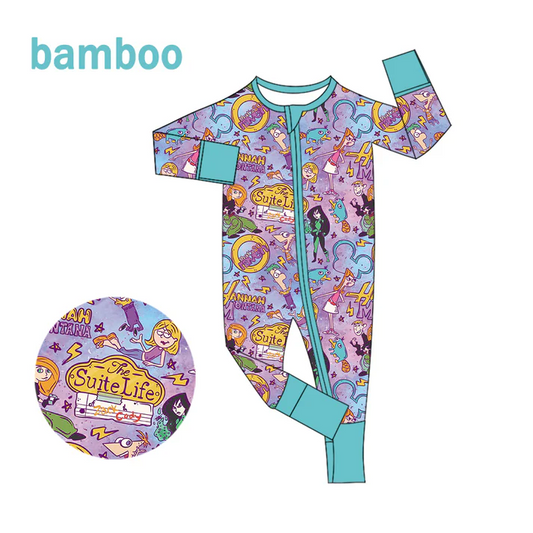 Custom MOQ 5 Cartoon Character Print Baby Girls Long Sleeve Bamboo Sleeper Zipper Romper D 6.18