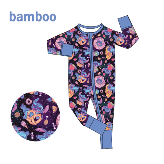 Custom MOQ 5 Cartoon Stitc* Print Baby Girls Long Sleeve Bamboo Sleeper Zipper Romper  D 6.18