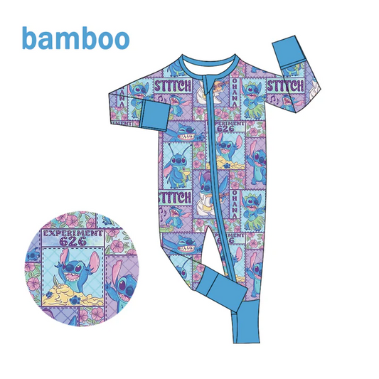 Custom MOQ 5 Cartoon Stitc* Blue Print Baby Girls Long Sleeve Bamboo Sleeper Zipper Romper D 6.18