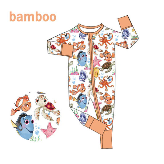 Custom MOQ 5 Cartoon Fish Print Baby Girls Long Sleeve Bamboo Sleeper Zipper Romper D 6.18