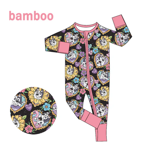 Custom MOQ 5 Cartoon Dog Flowers Print Baby Girls Long Sleeve Bamboo Sleeper Zipper Romper D 6.18