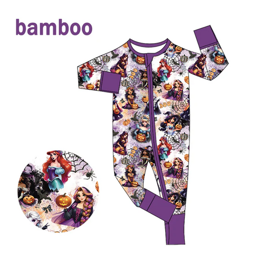 Custom MOQ 5 Cartoon Princess Pumpkin Print Baby Halloween Long Sleeve Bamboo Sleeper Zipper Romper D 6.18
