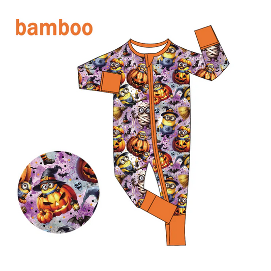 Custom MOQ 5 Cartoon Banana Pumpkin Print Baby Halloween Long Sleeve Bamboo Sleeper Zipper Romper D 6.18