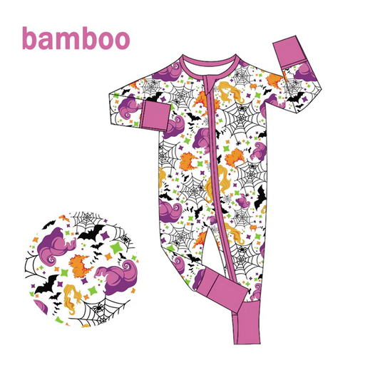 Custom MOQ 5 Cartoon Witch Print Baby Halloween Long Sleeve Bamboo Sleeper Zipper Romper D 6.18