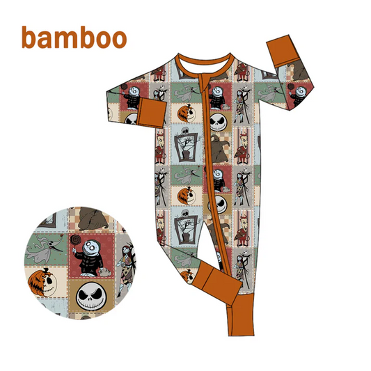 Custom MOQ 5 Cartoon Character Plaid Print Baby Halloween Long Sleeve Bamboo Sleeper Zipper Romper D 6.18