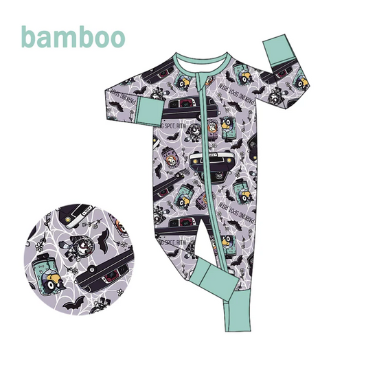 Custom MOQ 5 Cartoon Dog Print Baby Halloween Long Sleeve Bamboo Sleeper Zipper Romper D 6.18