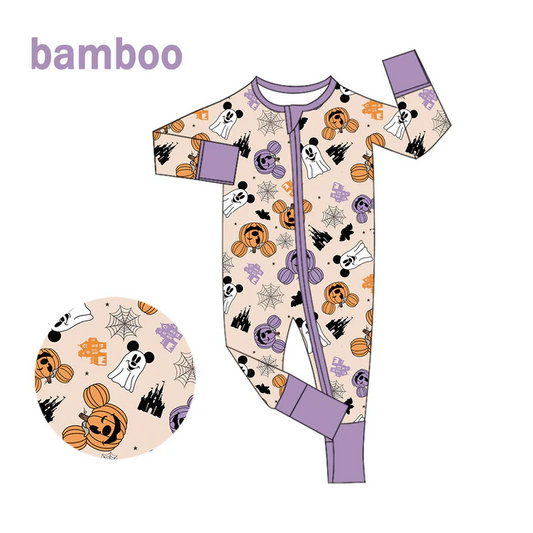 Custom MOQ 5 Cartoon Mouse Pumpkin Print Baby Halloween Long Sleeve Bamboo Sleeper Zipper Romper D 6.18