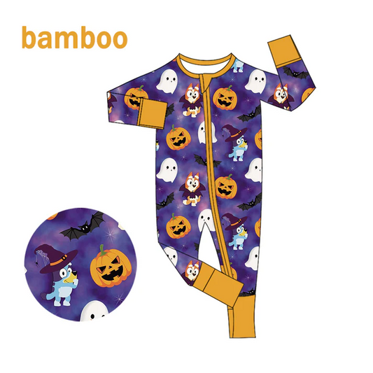 Custom MOQ 5 Cartoon Dog Pumpkin Print Baby Halloween Long Sleeve Bamboo Sleeper Zipper Romper D 6.18