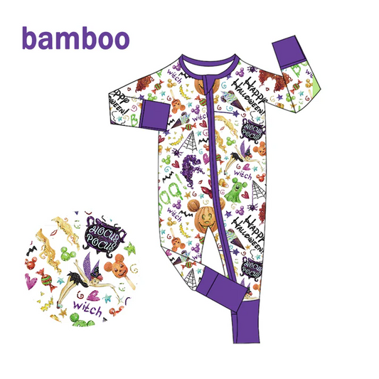 Custom MOQ 5 Cartoon Character Print Baby Girls Halloween Long Sleeve Bamboo Sleeper Zipper Romper D 6.18