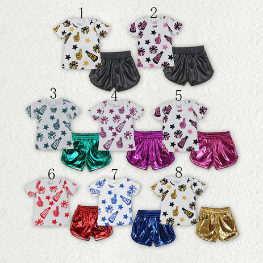 Sibling Baby Girls Cheer Team Shirts Top Leather Shorts Summer Clothes Sets