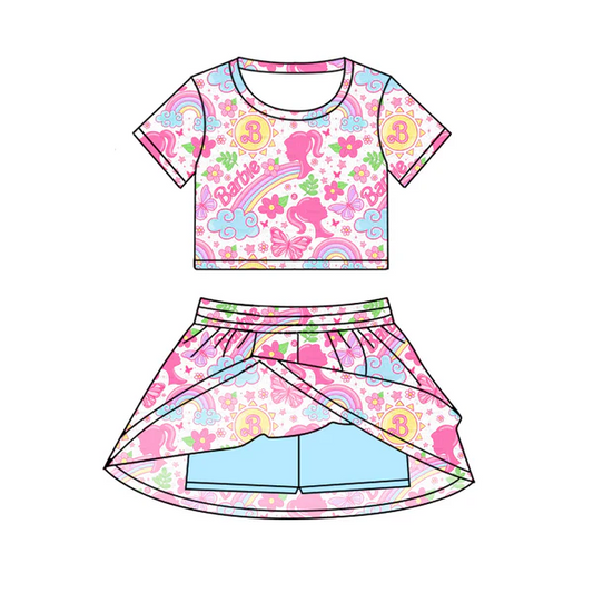 Custom Baby Girls Pink Doll Cartoon Top Skirt Skort Sets D 6.20