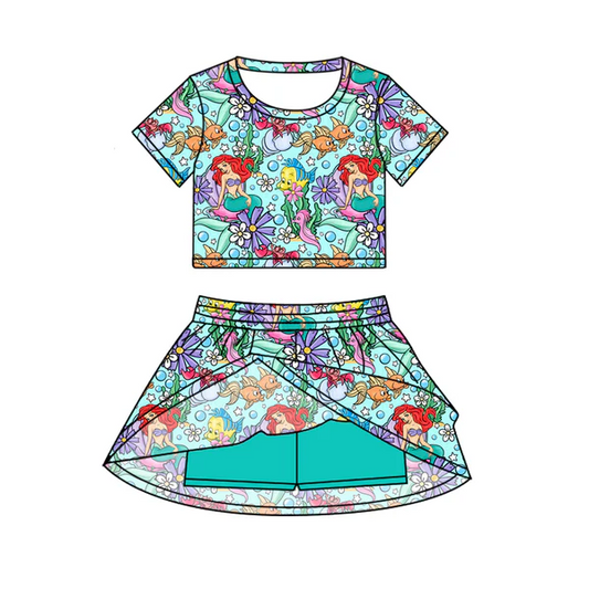 Custom Baby Girls Mermaid Cartoon Top Skirt Skort Sets D 6.20