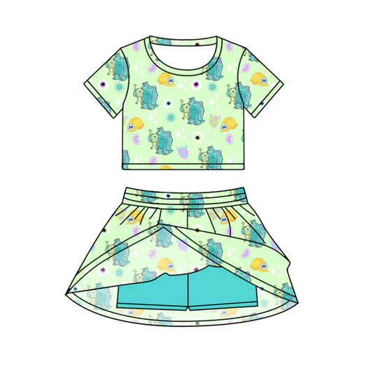 Custom Baby Girls Green Cartoon Monster Top Skirt Skort Sets D 6.20