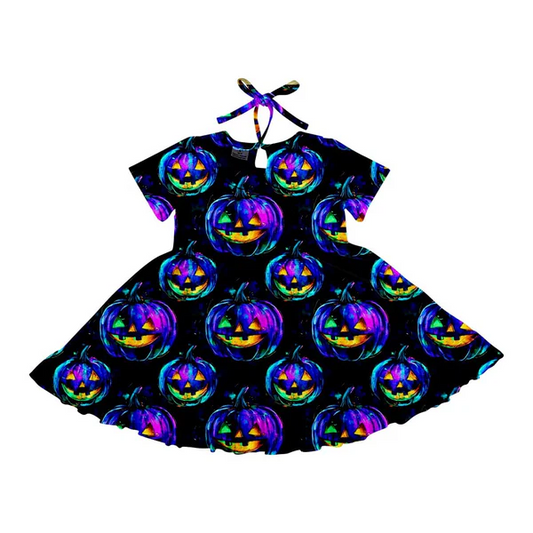 Custom Baby Girls Halloween Colorful Pumpkins Twirl Knee Length Dresses D 6.21