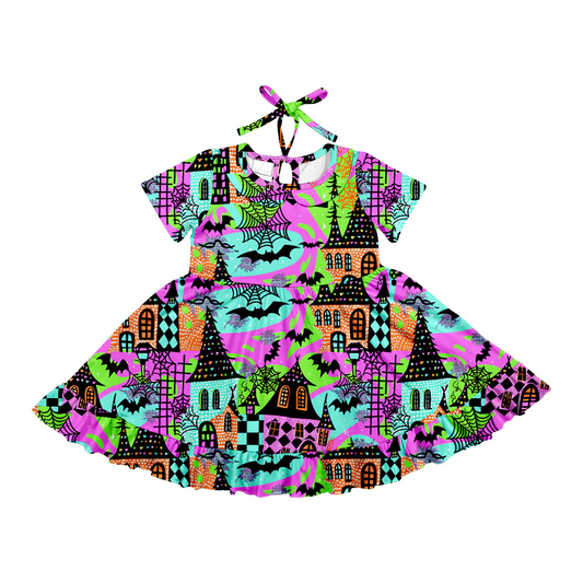 Custom Baby Girls Halloween Bats Houses Twirl Knee Length Dresses D 6.21