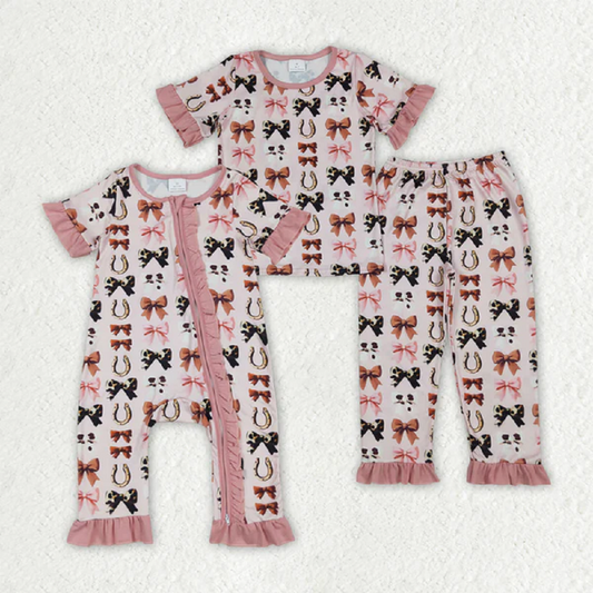 Sibling Baby Girls Pink Western Bows Horse Shoes Rompers Pajamas  D 7.5