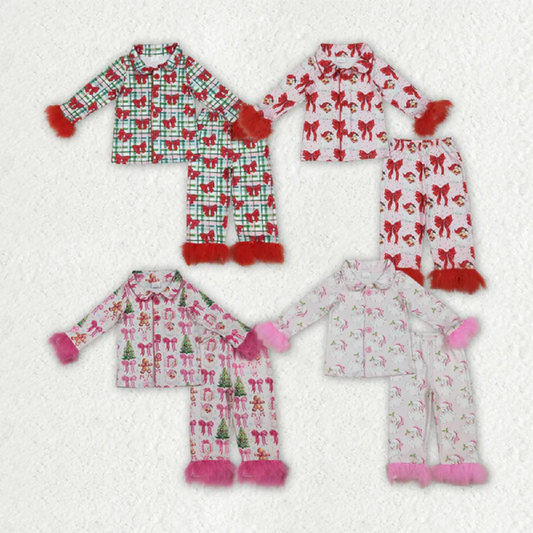 Sibling Baby Girls Christmas Fur Sleeve Bows Buttons Top Pants Pajamas Sets D 7.12