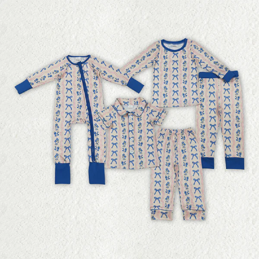 Sibling Baby Girls Blue Bows Flower Stripe Rompers Pajamas Sets  D 7.14