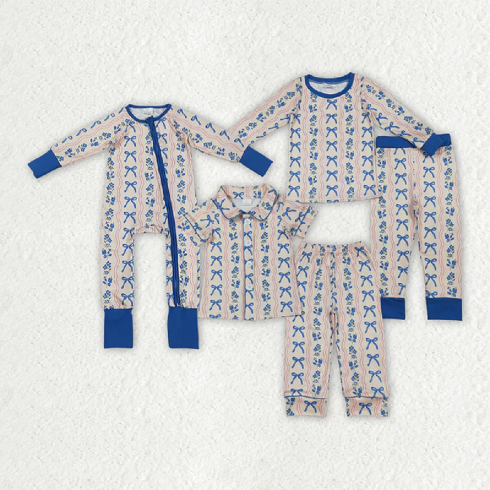 Sibling Baby Girls Blue Bows Flower Stripe Rompers Pajamas Sets  D 7.14