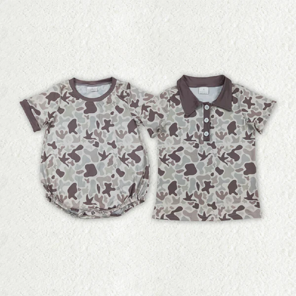 Sibling Baby Boys Khaki Ducks Camo Button Rompers Shirts D 7.14