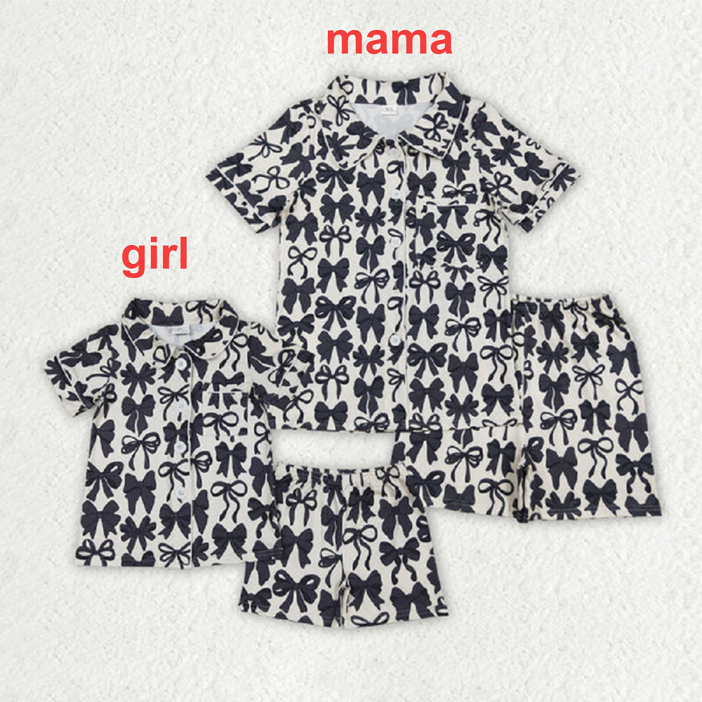 Mommy and Me Baby Girls Black Bows Button Pocket Top Short Pajamas Sets D 7.14