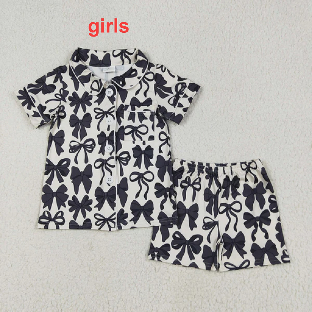 Mommy and Me Baby Girls Black Bows Button Pocket Top Short Pajamas Sets D 7.14