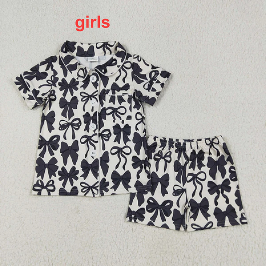 Mommy and Me Baby Girls Black Bows Button Pocket Top Short Pajamas Sets D 7.14
