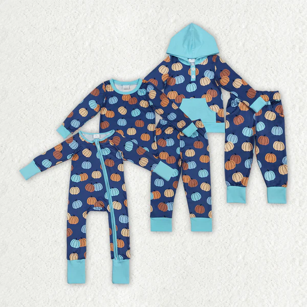 Sibling Baby Boys Blue Pumpkins Fall Outfits Pajamas Rompers Sets D 7.21