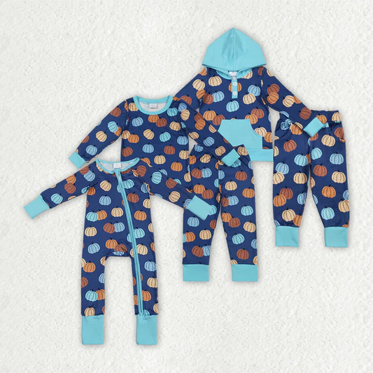 Sibling Baby Boys Blue Pumpkins Fall Outfits Pajamas Rompers Sets D 7.21