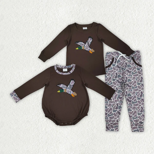 Sibling Embroidery Baby Boys Brown Duck Top Camo Rompers Outfits Sets D 7.21