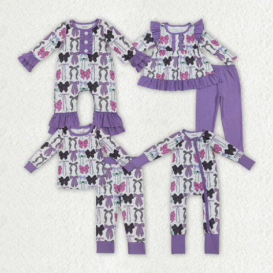 Sibling Baby Girls Purple Bows Pajamas Rompers Outfits Sets D 7.21
