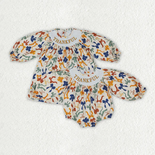 Sibling Smocked Embroidery Baby Girls Thanksgiving Thankful Colorful Bows Rompers Dresses D 7.21