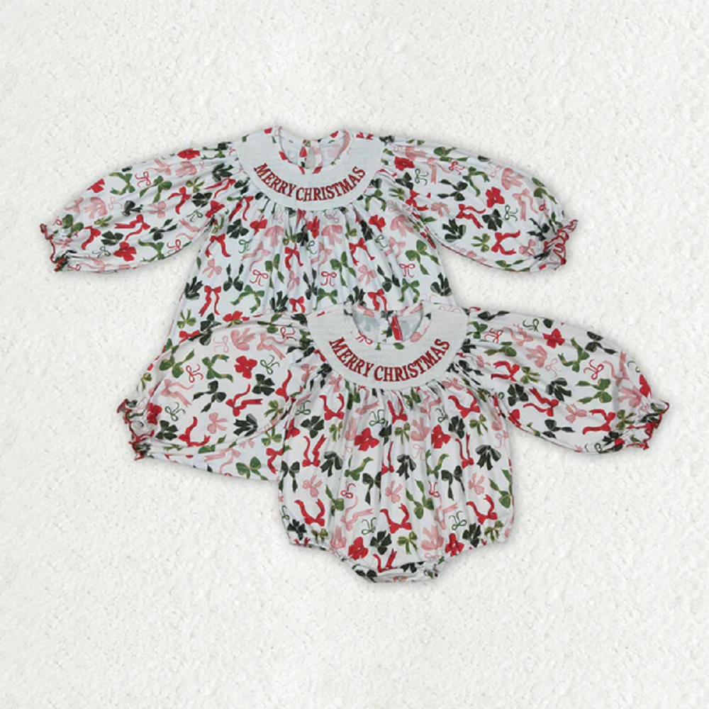 Sibling Baby Girls Smocked Embroidery Merry Christmas Rompers Dresses  D 7.21