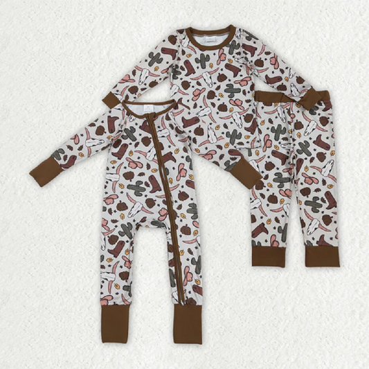Sibling Baby Boys Western Bull Skull Cactus Rompers Pajamas Clothes Sets D 8.2
