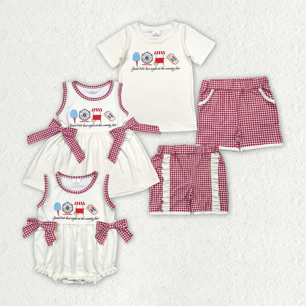 Sibling Baby Kids Ice Cream Store Top Red Plaid Pockets Shorts Sets Rompers D 814 04