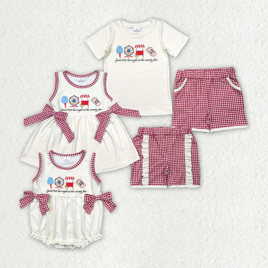 Sibling Baby Kids Ice Cream Store Top Red Plaid Pockets Shorts Sets Rompers D 814 04