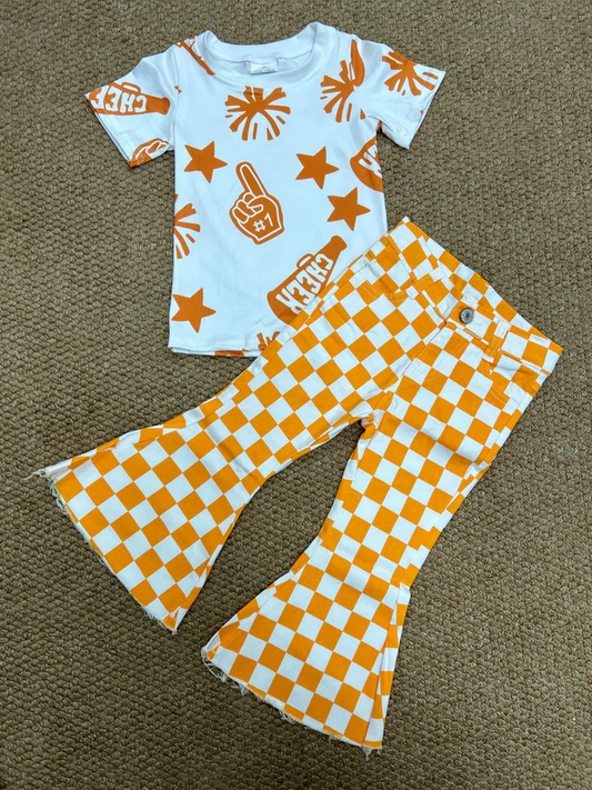 Baby Girls Cheer Orange Shirt Checkered Bell Denim Pants Clothes Sets D 8.12