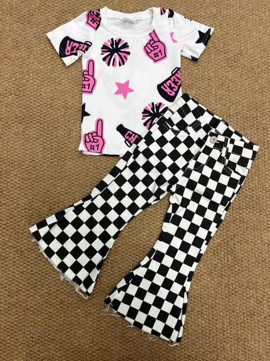 Baby Girls Cheer Pink Shirt Black Checkered Bell Denim Pants Clothes Sets D 8.12
