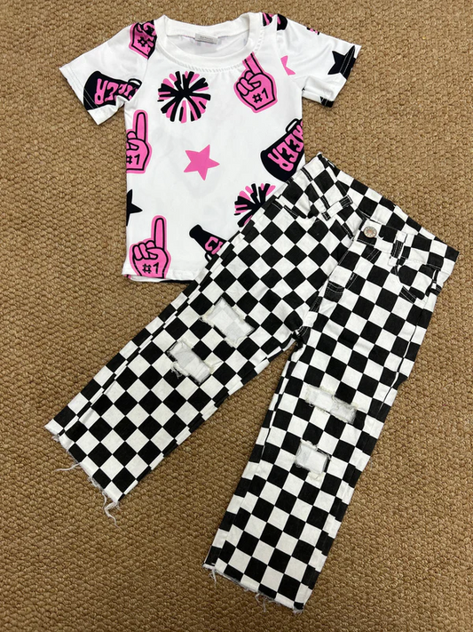 Baby Girls Cheer Pink Shirt Black Checkered Denim Pants Clothes Sets D 8.12
