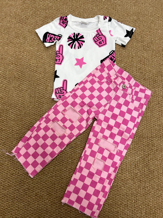 Baby Girls Cheer Pink Shirt Checkered Denim Pants Clothes Sets D 8.12