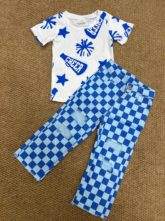 Baby Kids Cheer Blue Shirt Checkered Denim Pant D 8.12