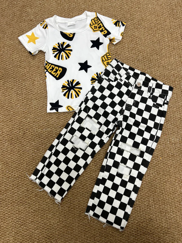 Baby Kids Cheer Black Shirt Checkered Denim Pants D 8.12