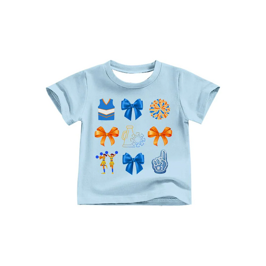 Custom Baby Girls Blue Bows Cheer Team Short Sleeve Tee Shirts Tops D 8.12
