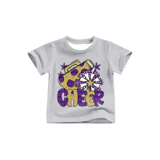 Custom Baby Girls Purple Gold Cheer Team Short Sleeve Tee Shirts Tops D 8.12