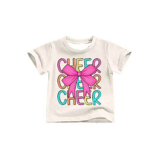 Custom Baby Girls Pink Colorful Bow Cheer Team Short Sleeve Tee Shirts Tops D 8.12