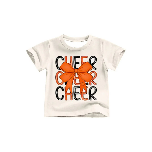 Custom Baby Girls Orange Black Bow Cheer Team Short Sleeve Tee Shirts Tops D 8.12