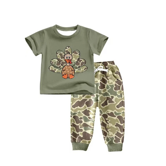 Custom Baby Boys Green Thanksgiving Turky camo Top Pants Outfits Sets D 8.12