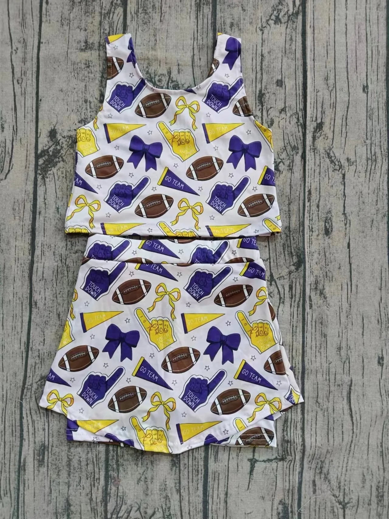 Custom  Baby Girls Sleeveless Purple Yellow Bows Cheer Team Top Skorts Team Sets  MOQ3  D 8.12