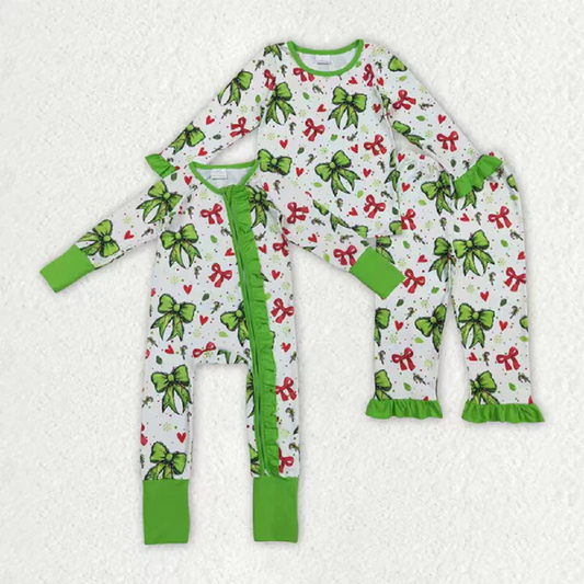 Sibling Baby Girls Christmas Green Red Bows Hearts Rompers Pajamas Sets D 814 03